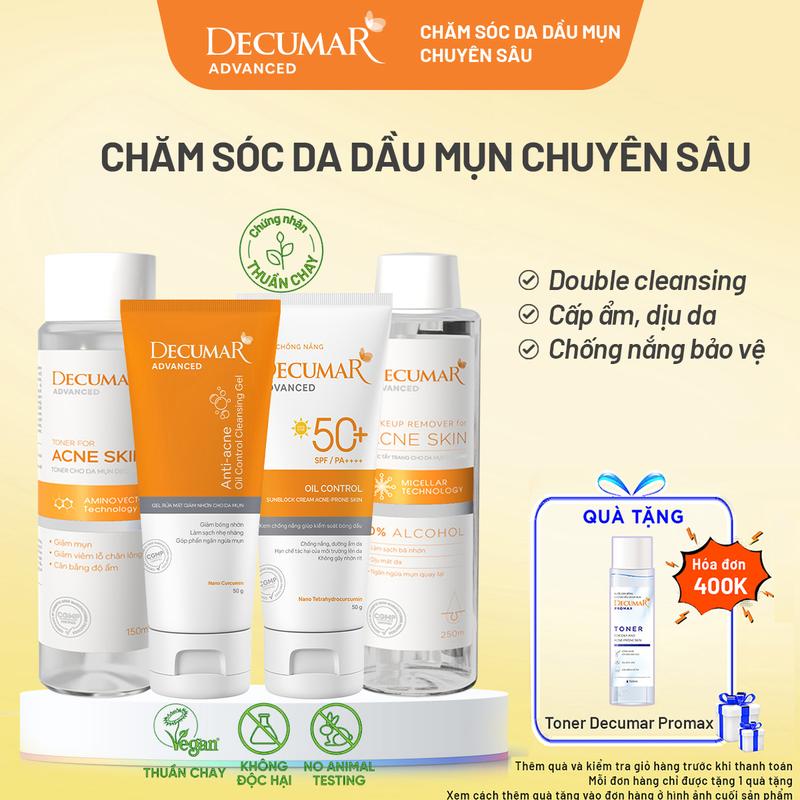 Bộ sản phẩm Tẩy trang, Gel rửa mặt, Toner, Kem chống nắng Decumar Advanced (DGR02, DAV02, NTT01, TDM01)