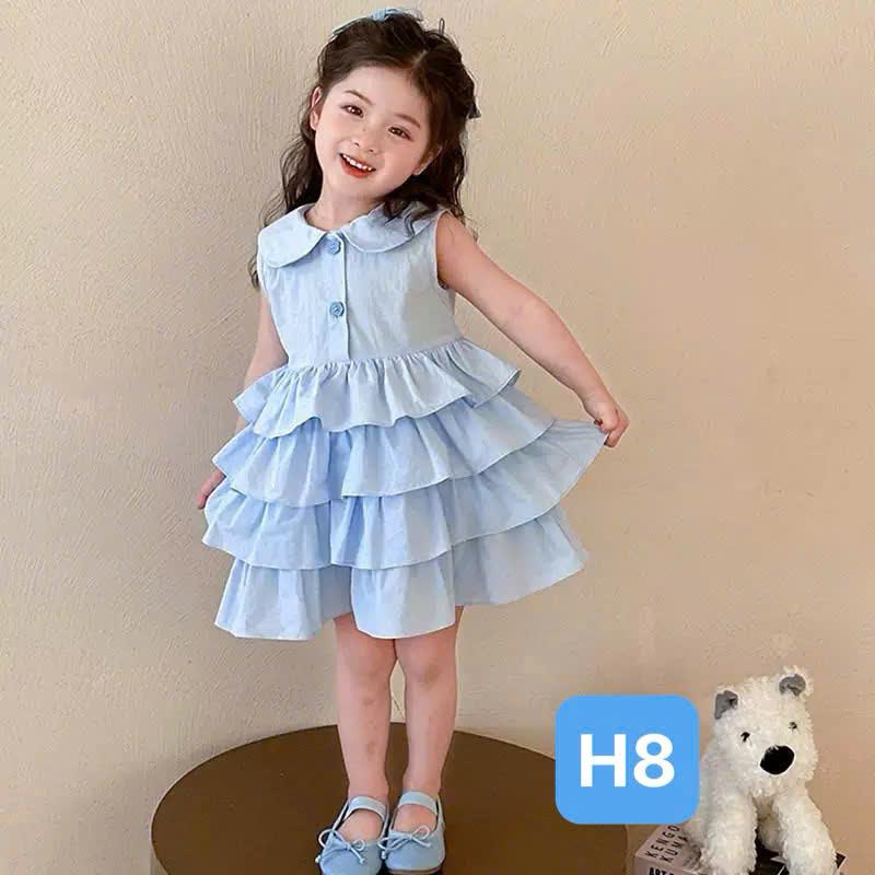   8-35kg -Dung Kids 02 - H8 Váy Xanh cổ sen 4 tầng Điệu Đà cho bé gái 