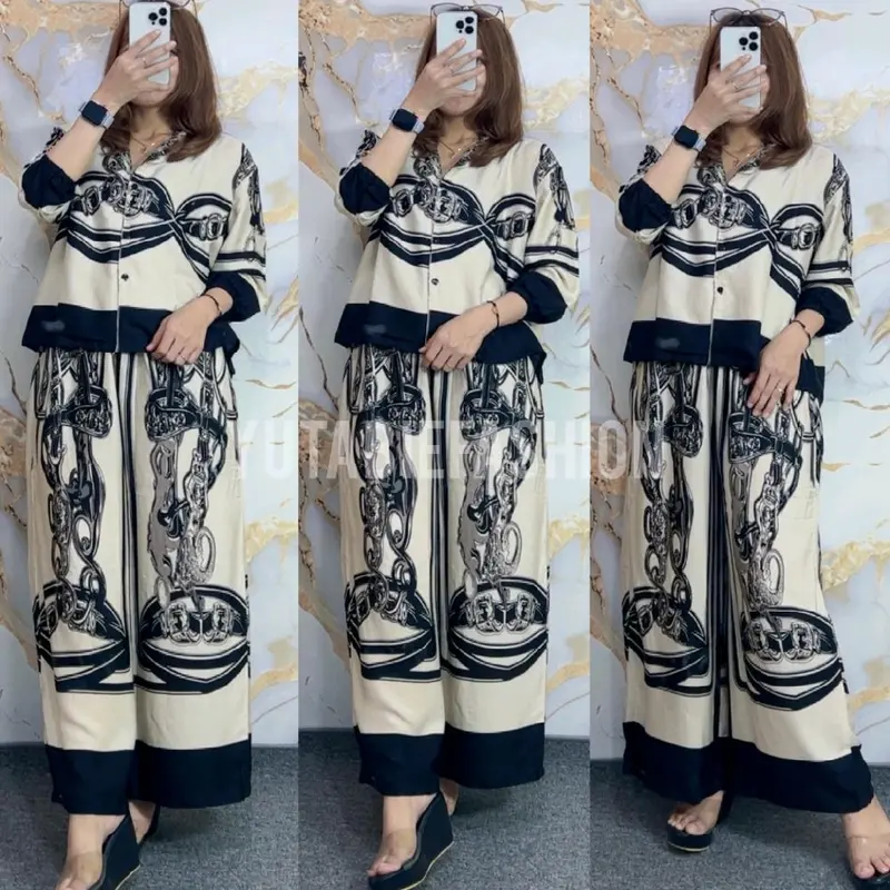 ONE SET CROP SETELAN CELANA KULOT WANITA HIGHTWAIST LENGAN 7/8 RAYON PREMIUM BUSUI FRIENDLY KANCING - SETELAN MOTIF CELANA KULOT BARU 2