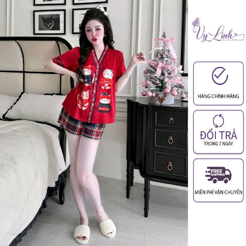 Vy Linh SLEEPWEAR 1103-Noel Bộ Đồ Ngủ Cổ Y Dành Cho Nữ Họa Tiết Dễ Thương Chất Liệu Vải Lụa Latin Cao Cấp Size M & XL Việt Nam