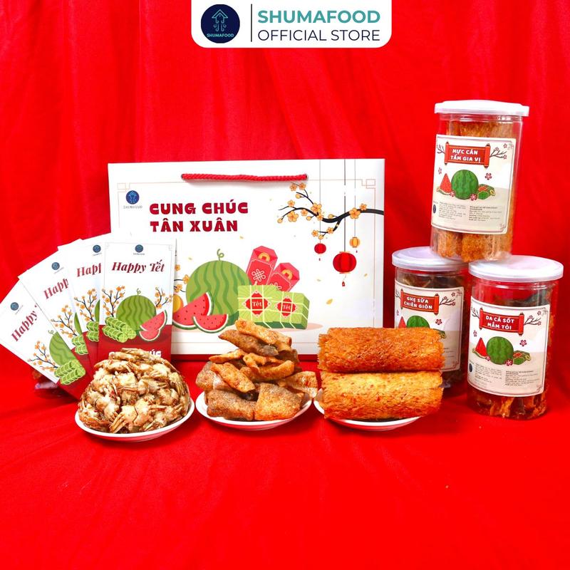 Combo ShumaFood: 200g Mực Cán Tẩm Gia Vị 230g Ghẹ Sữa Chiên 140g Da Cá Mắm Tỏi Shumafood Đặc Sản Nha Trang Snack Ăn Vặt