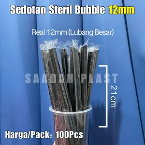 (ISI 100) Sedotan Bubble Hitam 12mm x 21cm Bening / Bungkus Plastik Steril Runcing 12ml BOBA 1221