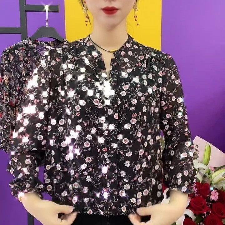 Áo Voan, Phong Cách Mới, Dành Cho Mẹ TRUNG NIÊN, Thời Trang, Áo Sơ Mi Nhỏ Phong Cách Phương Tây, In Cao Cấp, Cài Nút, Dáng Rộng Vừa Vặn, Áo Thanh Lịch, Dành Cho Nữ 8