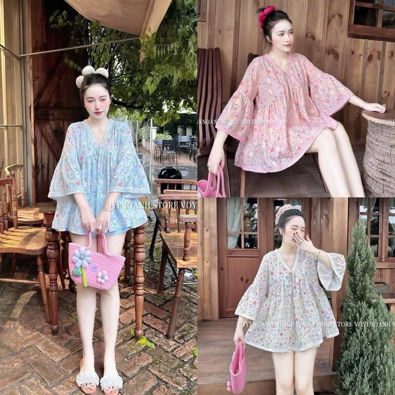 Mèo Mỡ Bigsize — Set bộ babydoll áo hoa thêu tay dài loe cổ phối ren kèm quần đùi bigsize 60-90kg