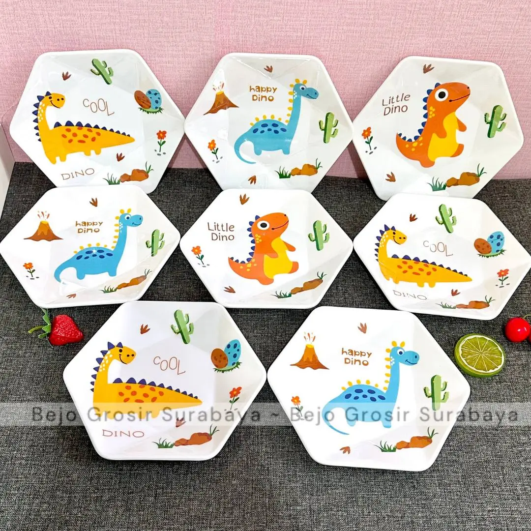 Piring Segi Dino Melamin 8 inch (20cm) - Piring Anak Karakter - Piring Dinosaurus - TopTree Kitchenware