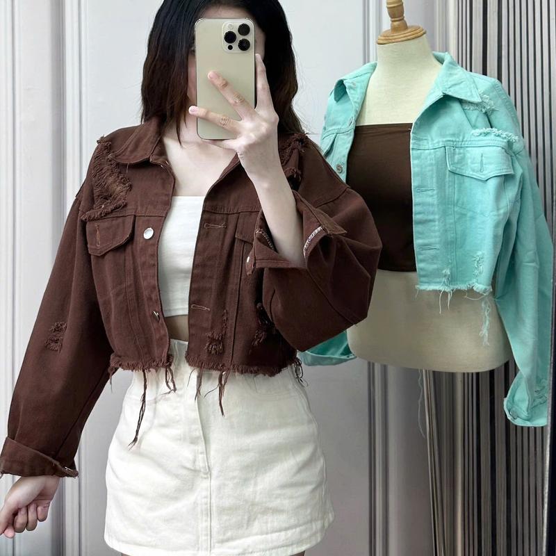 TIENSTYLE - Áo Khoác Jean Kaky Nữ Rách Tua Có Túi Phom Lửng Có Cổ Denim Jacket Top Women Trẻ Trung Năng Động Chất Liệu Jean Loại 1 Tay Cánh Dơi Thoải Mái Cho Bigsize 39-65kg