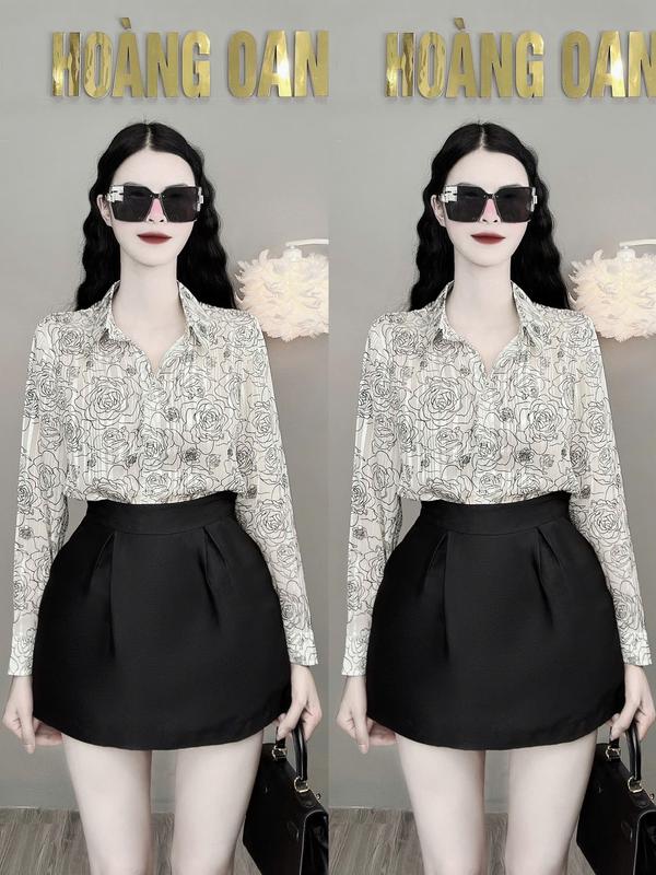Áo sơ mi họa tiết,họa tiết hoa hồng lụa tơ nền kem