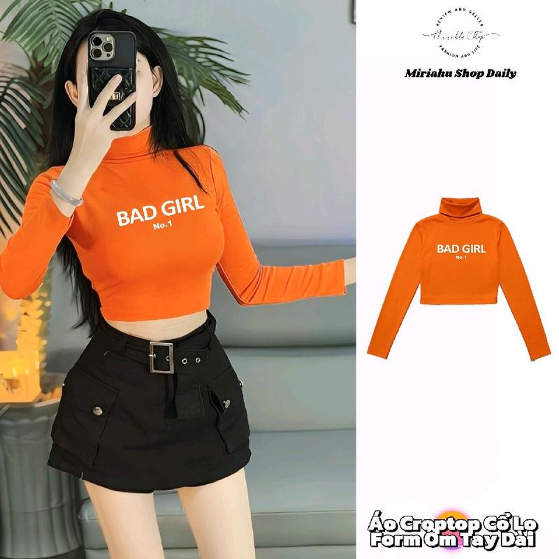 HỎA TỐC HCM Áo Thun Croptop Cổ Lọ 5cm Tay Dài Giữ Nhiệt In Hình Bad Girl – Thời Trang Thu Đông Hot Trend 2025 Dễ Phối Đồ Tôn Dáng