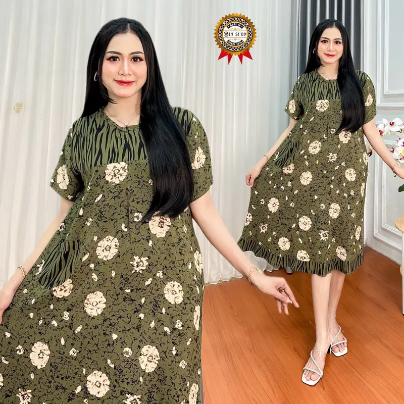 Binsion Daster Lisa Maura Batik Cap Rayon Grade A Premium Busui Resleting Depan | Daster Kekinian | Daster Baju  Tidur | Daster Ibu Dress Wanita Bumil Terbaru Bahan Lembut Premium Menyusui Nyaman Bayi Hamil Lengan 1