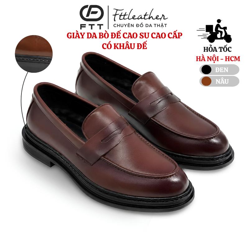 Giày lười nam penny loafer cao cấp, giày da thật Fttleather công sở trơn màu nâu, đen big size 44 45 đế cao, độn đế ẩn tăng chiều cao Đế Bằng Shoes Cao Su