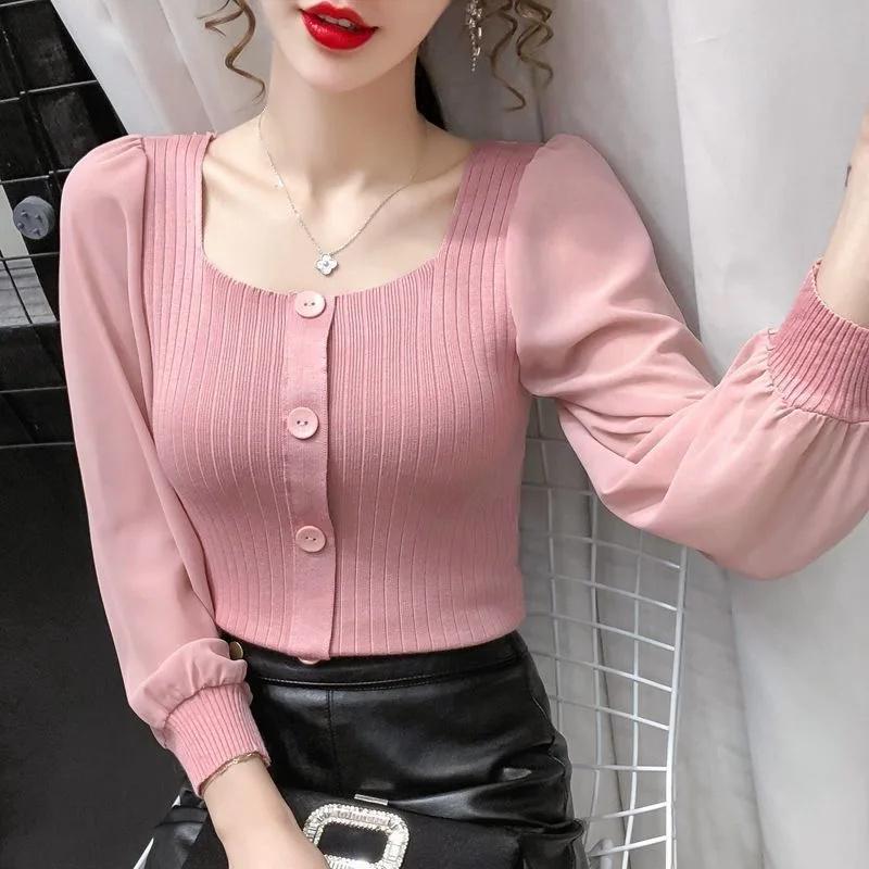 Áo Len Áo Chui Đầu Phong Cách Mùa Xuân Và Mùa Thu Cho Nữ, Áo Dài Tay Thường Ngày Cho Nữ, Cổ Vuông, Dệt Kim Chắp Vá, WY1022 3