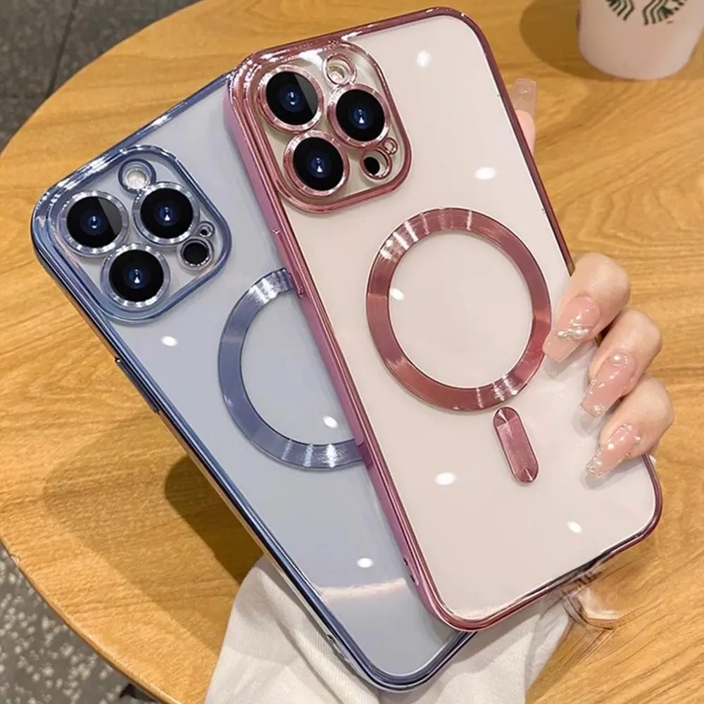 Ốp Điện Thoại Trong Suốt Từ Tính, Mạ Sang Trọng, Tương Thích Với iPhone 11, 15, 14 Pro Max, 12, 13 ProMax, Sạc Không Dây, Ốp Điện Thoại Mềm Chống Sốc Case