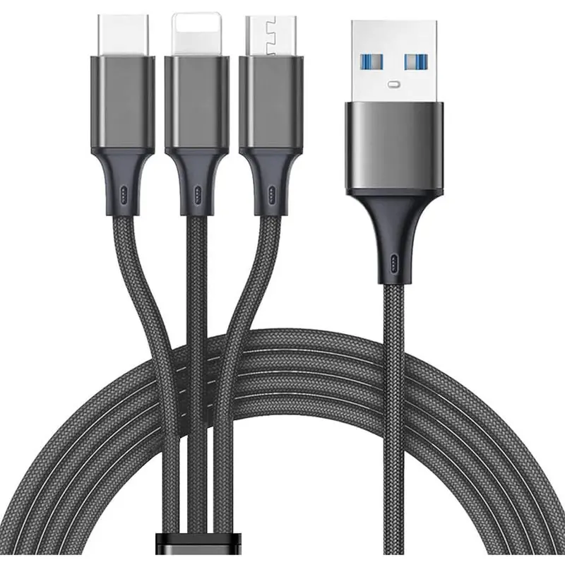 Kabel Data 3in1 100w Fast Charging USB Micro / Type C / IOS Aluminium Hitam Konektor Cable 1