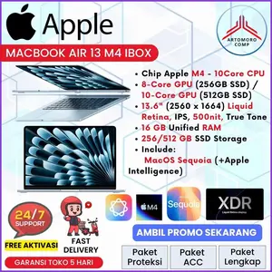 APPLE Macbook Air M4 13 10C CPU 16gb 256/512gb 8/10C GPU MacOS 13.6" IPS RESMI IBOX