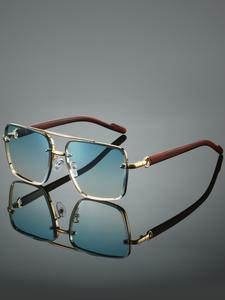 Lentes cuadrados de marco completo para hombre, diseño retro de doble puente, varillas con textura de imitación madera, marco de metal, accesorios de moda clásicos