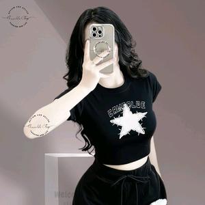 Áo Thun Croptop Basic Form Ôm Body Nữ Cổ Tròn Tay Ngắn In Hình Ngôi Sao "CAMP BLUE", Kích Cở S M L, Women Sò Sen Hoa Sen Dáng Ngắn Thun