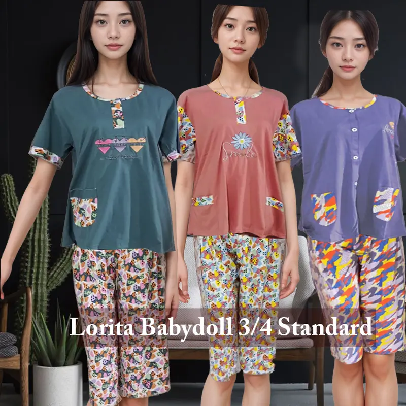 Babydoll -  Baju Tidur Lorita Piyama 3/4 Ukuran Standard Lengan Pendek - Piyama Setelan Wanita Celana Pendek Satin Panjang Katun baju tidur  merk 0