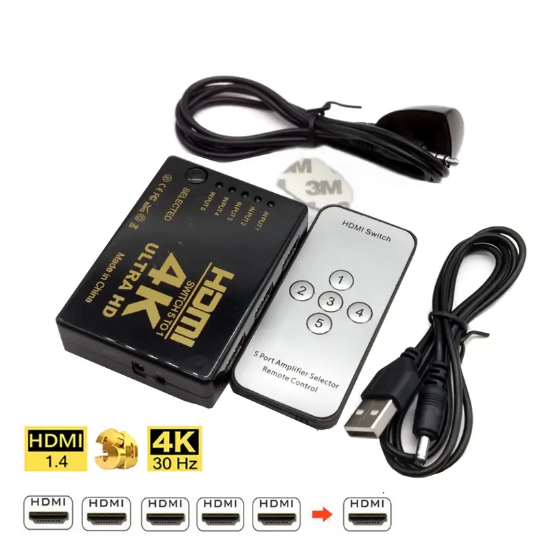 Bộ chuyển mạch tương thích HDMI, 4K * 2K, 1x5 cổng, 5 đầu vào, 1 đầu ra, Hub bộ chọn bộ chia, Điều khiển từ xa IR, Hỗ trợ 3D, Thích hợp cho PS3 và Xbox 360 0