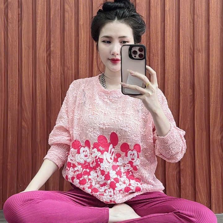 Đồ Bộ áo thun Lưới ren tay dơi quần ôm dài co giản có kèm áo dây