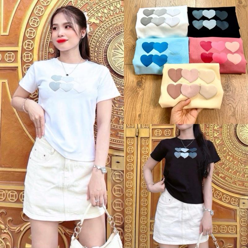 Áo Thun dáng baby tee có size 35kg đến 70kg chất BORIP COTTON Xịn điểm nhấn in trái tim nổi đủ size, nhiều màu M178 Nữ Top Women Cổ Tròn Đen Nhung