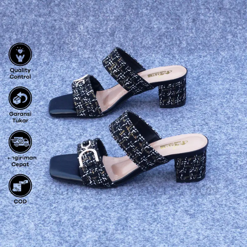 Sultan Shoes | Sendal Hak Tahu 5 cm Wanita Flat Slop Tali Kokop Kekinian Aksesoris Gesper Rantai D | Sandal High Heel 5cm CasuaL 5