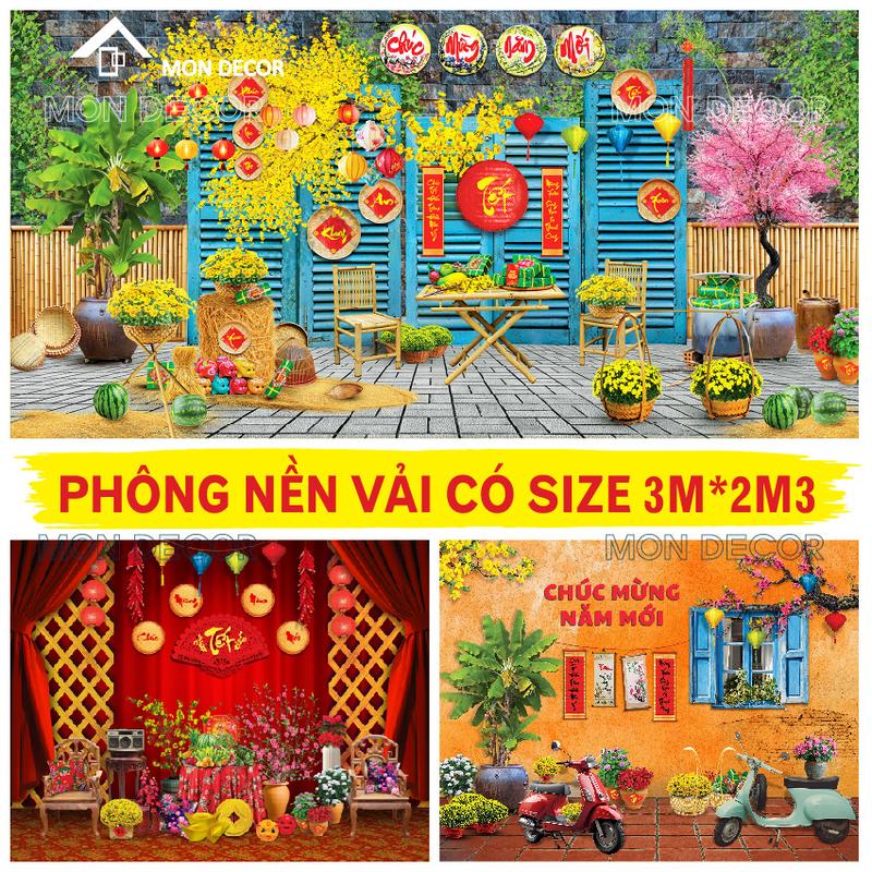 MON DECOR Phông Nền Vải Tết 2026 Size 3m x 2m3 Tranh Vải Treo Tường 3D Sắc Nét - Phông Trang Trí Tết - Tặng Đinh và Móc Dán