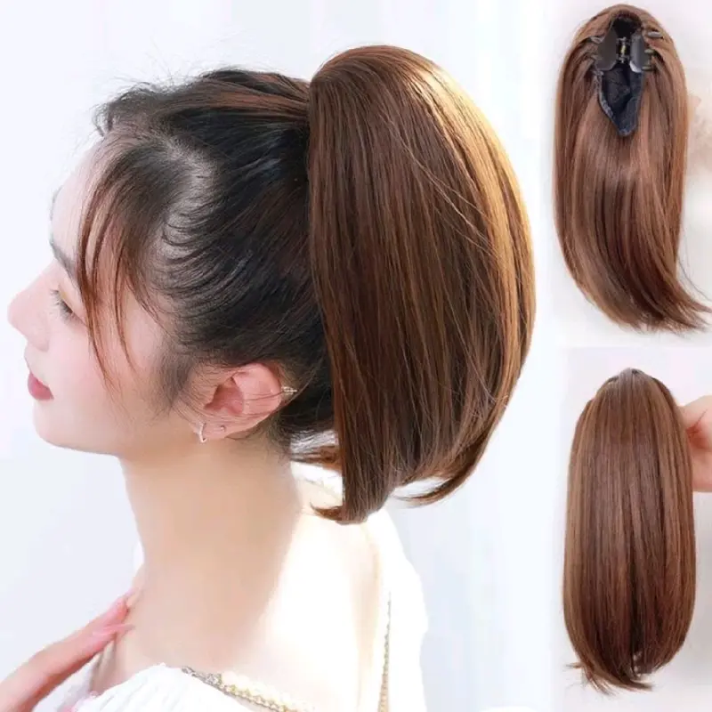 Hairclip Ponytail Rambut Palsu Capit Lurus 30cm Ponytail AESRORA Korea Cepol Hairbun Capit Rambut Wanita Coklat 0