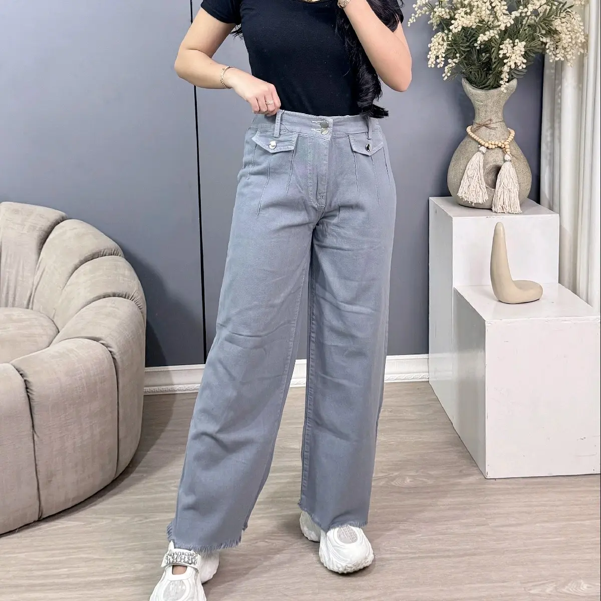 Naysqii - Celana Kulot Jeans Wanita - Highwaist Kulot Jeans Cewek Loose Pants Korean Style Celana Panjang Karet Dewasa