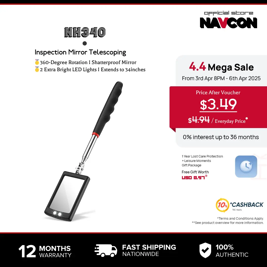 Navcon Inspection Mirror Telescoping with LED Light, 34" Extension, 360° Rotation, Telescopic Handle, for Mechanic, Home Inspector, Automotive