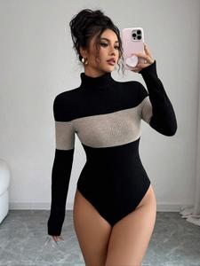 Mono de cuello alto con parches de manga larga para mujer, corte ajustado casual de invierno, capas de moda, tela de punto liso
