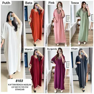 Kaftan renda crinkle standar 8103 Pakaian muslim wanita baju muslim murah Kaftan raya bahan crinkle