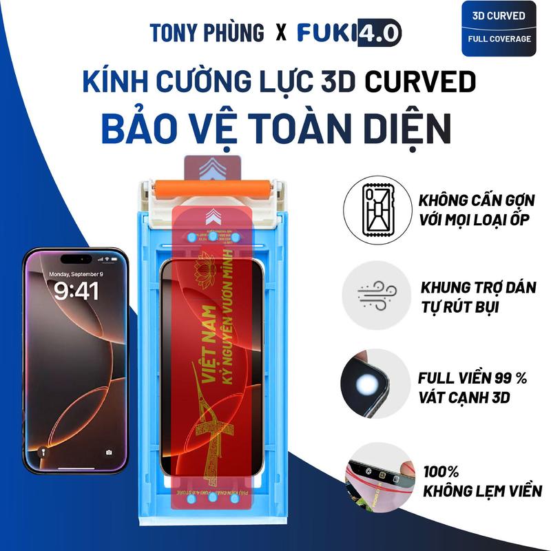 TONY PHÙNG X FUKI 4.0 Kính cường lực cho iphone full màn không lẹm viền 3D Curved ip 17 Promax 17 Pro 16 Pro Max 16 Pro 16 Plus 16 15 PRM 15 Pro 15 Plus Độ Cứng 9H Chống Va Đập Trầy Xước