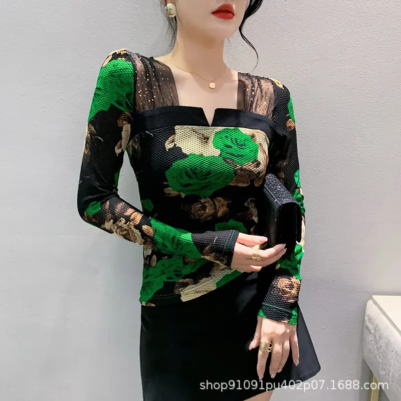 Live Shot-Áo Thun Nữ Dài Tay, Quần Áo Mới, Lưới Khâu, Kim Cương Giả In Hoa Hồng, Dáng Ôm, Giảm Béo Và Thời Trang, Áo Sơ Mi Nhỏ 7