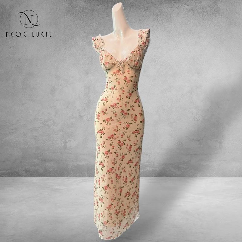 D1046 - Đầm Body Cúp Phối Tay Bèo Đính Nơ Vải Hoạ Tiết Hoa - Ngọc Lucie