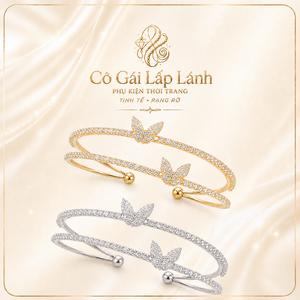 Vòng tay nữ hình bướm đính đá lấp lánh, lắc tay hở hai vòng màu vàng bạc, phụ kiện thời trang sang trọng dễ phối, quà tặng cho nữ