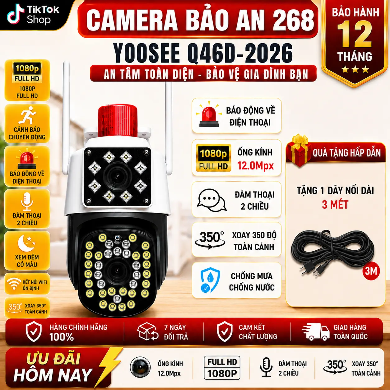 Camera Wifi Yoosee Q46D 12.0Mpx 2 Mắt 2 Khung hình- Xoay 360- Đàm Thoại 2 Chiều- Ngoài trời 8x36