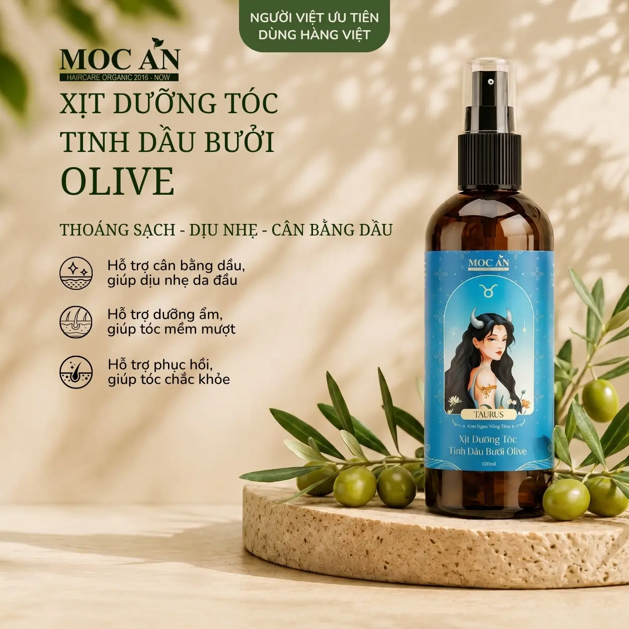 Xịt Dưỡng Tóc Tinh Dầu Bưởi Oliu (Olive) Mộc Ân Haircare 120ml - Dưỡng Ẩm, Giảm Khô Xơ Và Chẻ Ngọn