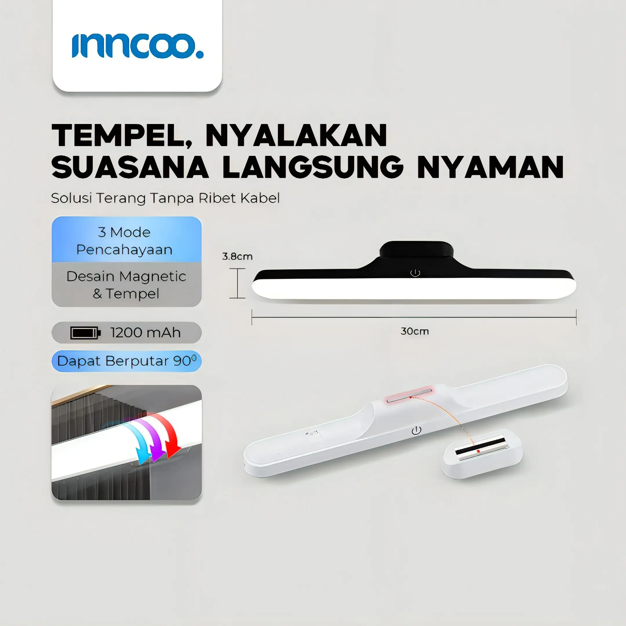 INNCOO Lampu Tempel Magnetic Lamp USB Rechargeable 3 Colors Lampu Dinding Portable