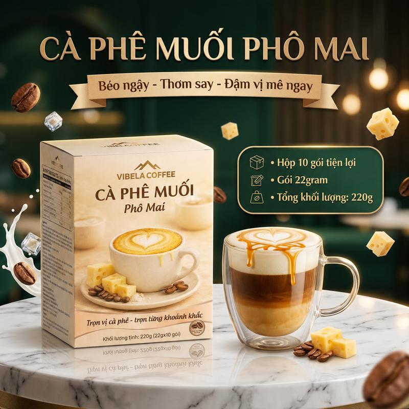 Cà Phê Muối Phô Mai Vibela Coffee - Hộp 10 Gói Tiện Lợi 220g - Béo Ngậy Thơm Say Đậm Vị Mê Ngay