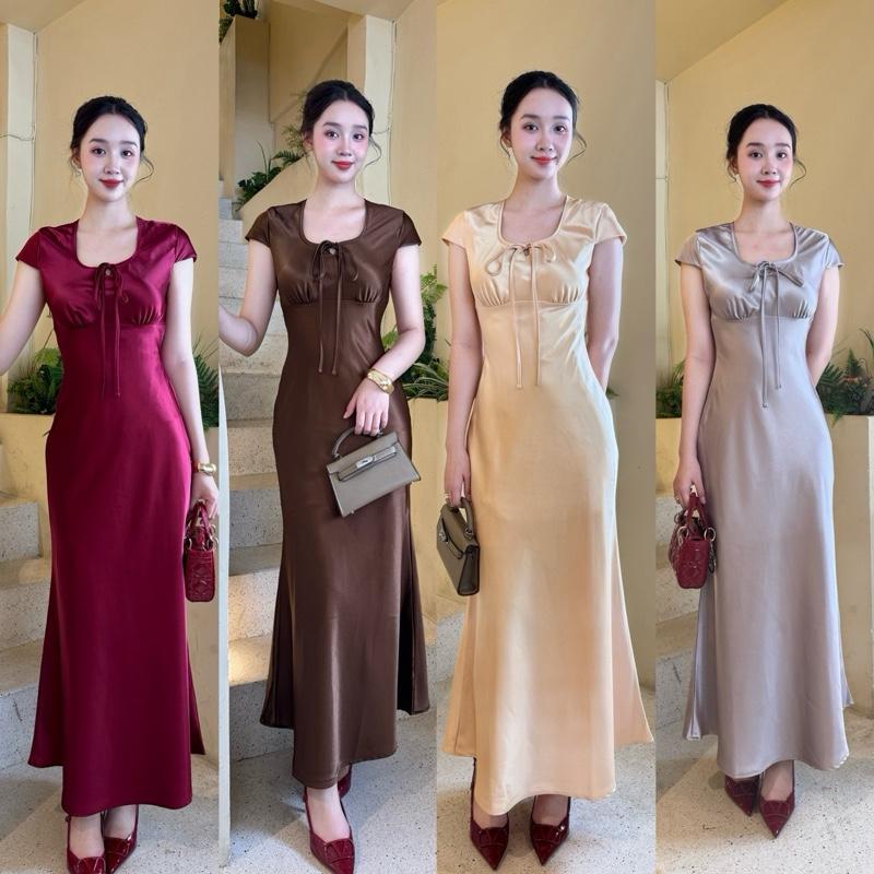 Đầm Lụa Cổ Vuông May 2 Lớp Phối Nơ Sang Trọng ADORA DRESS phù hợp đi chơi đi biển đi tiệc chất liệu lụa vân mai 2 lớp size S M L XL màu xám khói đỏ burgundy vàng pastel nâu choco ADORA DRESS