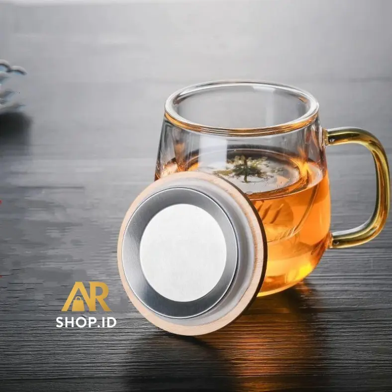 Gelas Saringan Rempah Kaca Tahan Panas Tutup Kayu  Gelas Cangkir With Infuser Filter 5