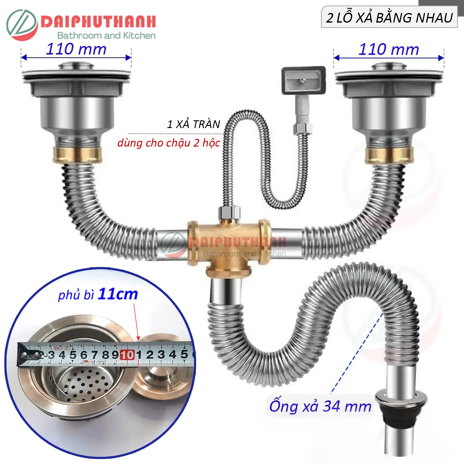 Bộ Xả Chậu Chén Xi Phông Inox 2 Hộc Phụ Kiện Thau Chịu Nhiệt Cao Thoát Nước Nhanh - Loại 2 lỗ xả bằng nhau phi 110 (lọt lòng 90), 1 xả tràn