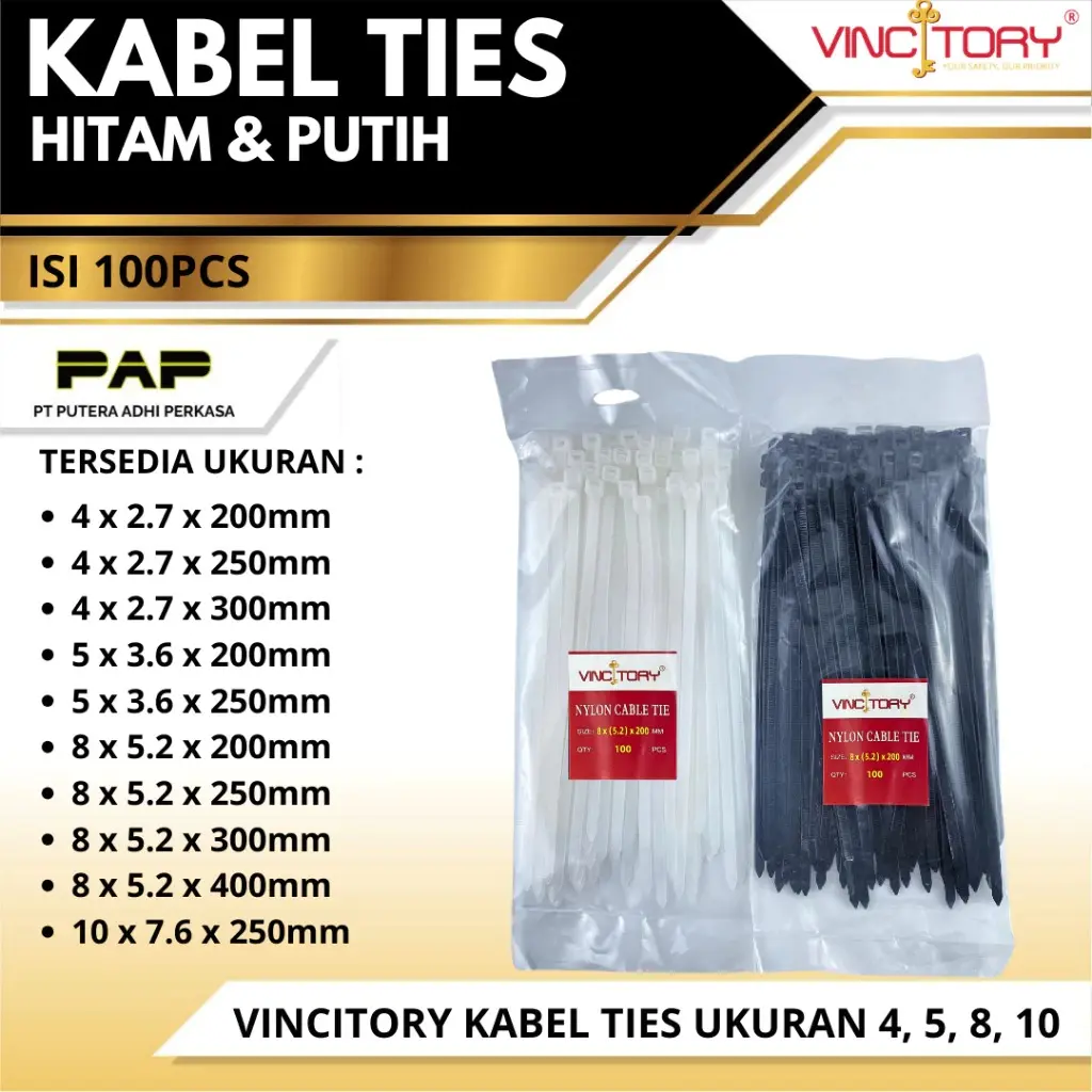 Vincitory Kabel Ties Nylon Hitam / 20cm Putih Hitam / Kabel Ties Putih 25cm