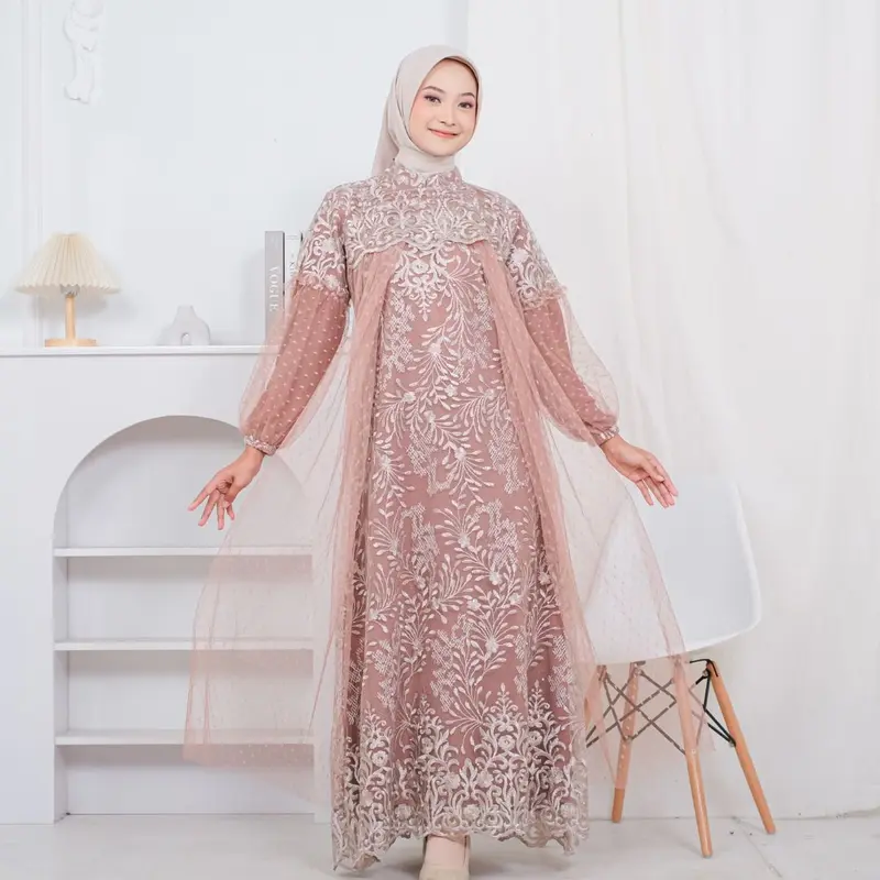 RAISHA Nusaibah Full Tile Brokat Bordir Dress / Gamis / Gaun Pesta Wanita Muslim Dewasa Motif Bunga Untuk  Lebaran, Wisuda, Kondangan Simple Tebal dan Mewah 3