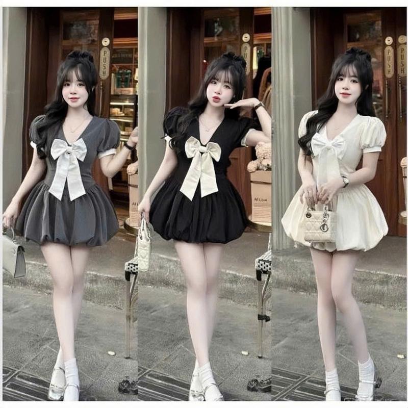 Đần váy nữ mango thiết kế tay búp cổ chữ v dính nơ tùng bí dáng xòe [có lót] xinh xắn dành cho các nàng diện di chơi,di tiệc.