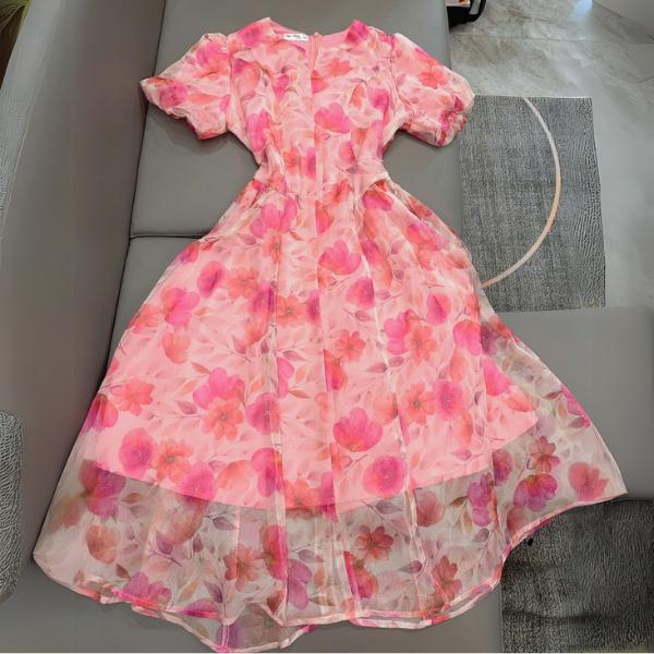 Váy hoa thiết kế dáng dài vintage cọc tay cổ tròn xẻ V phù hợp mùa hè đi biển đi chơi du lịch V358