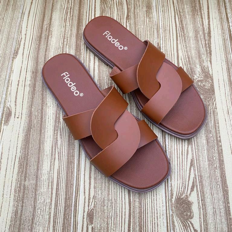 Sandal Slop Wanita Silang triple Terbaru Hak Datar 1 cm Kulit Sintesis/sandal flat wanita kekinian 3