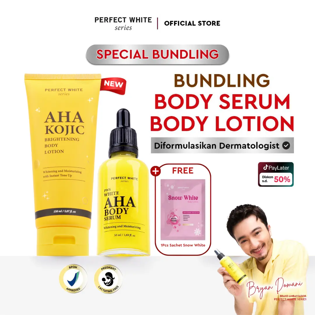 [Free Snow White Sachet] PERFECT WHITE Bundling AHA Body Serum 50ml + [TUBE] AHA Kojic Brightening Body Lotion | Hand Body Serum Body Lotion Pemutih Pencerah Tubuh
