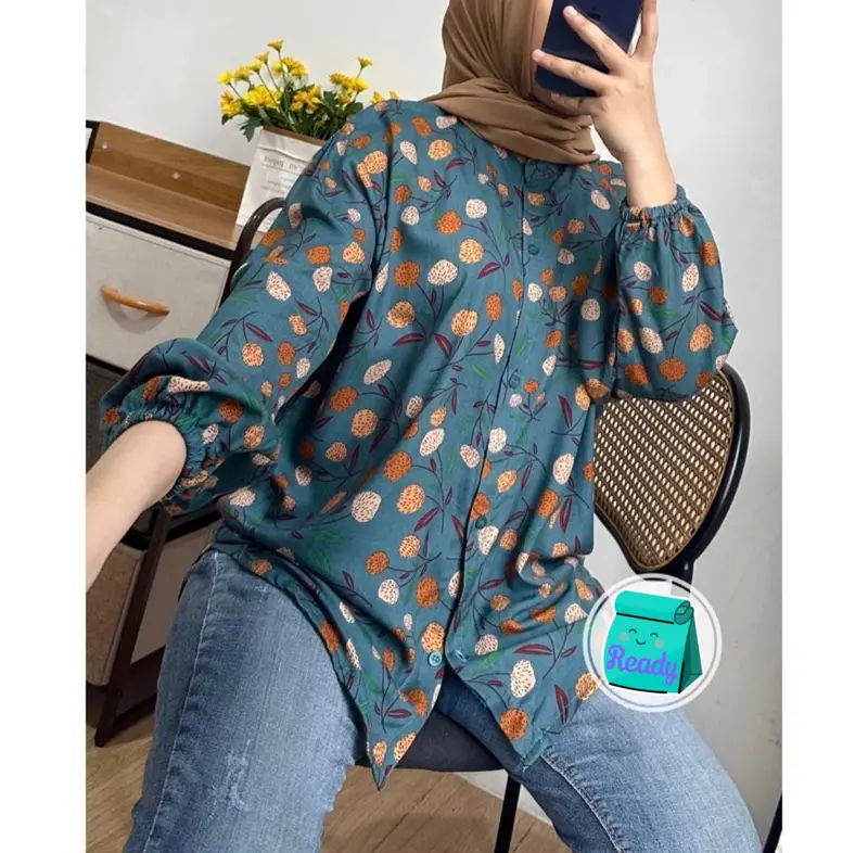 KEMEJA ATASAN KEKINIAN BASIC MOTIF BAHAN RAYON PREMIUM || KEMEJA BLOUS WANITA TERLARIS Panjang Dewasa Baju Busui 5