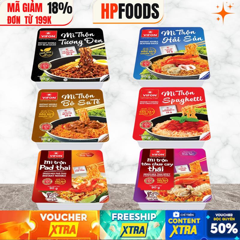 Combo 6 hộp mì trộn Vifon các vị tương đen Hải sản bò sa tế sốt Spaghetti Pad Thái Tôm Chua cay